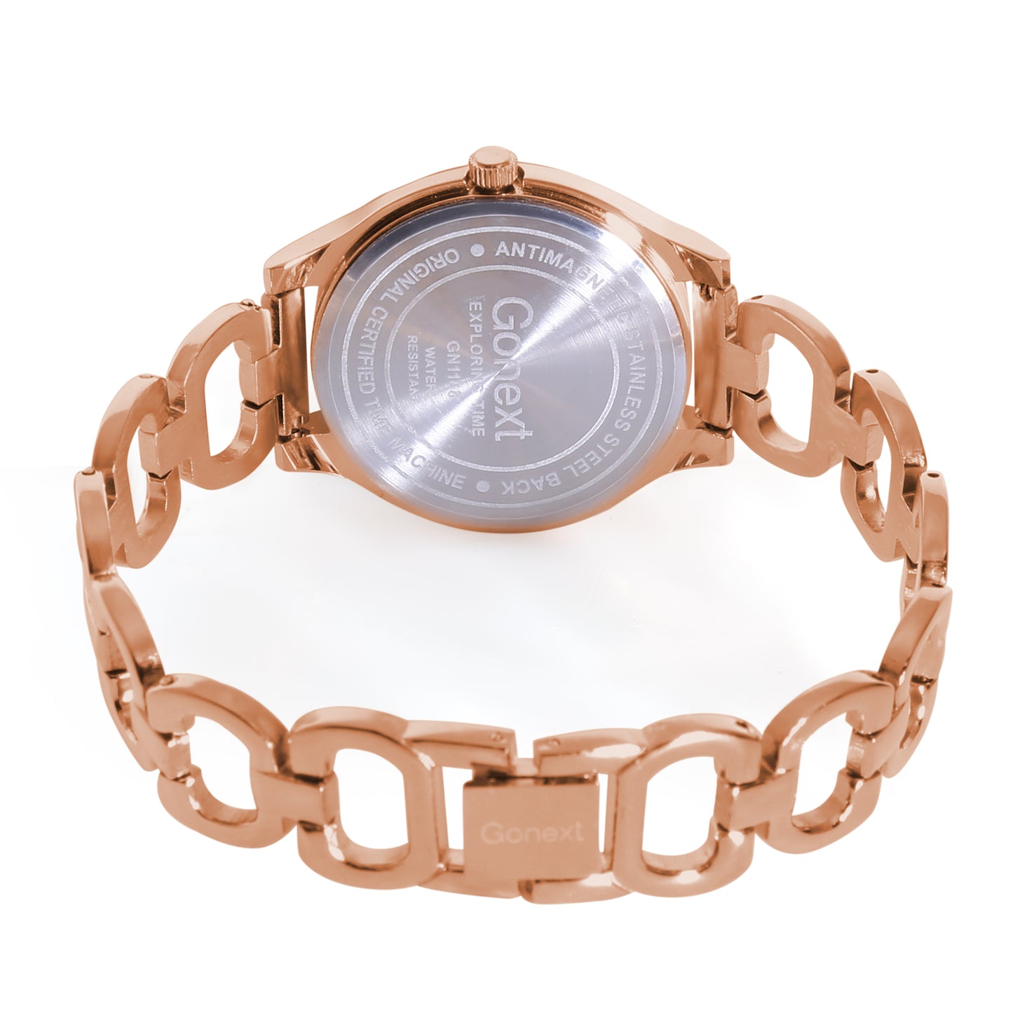 Shimmering all over Swarovski dial with rose gold bangle and luminous hands.