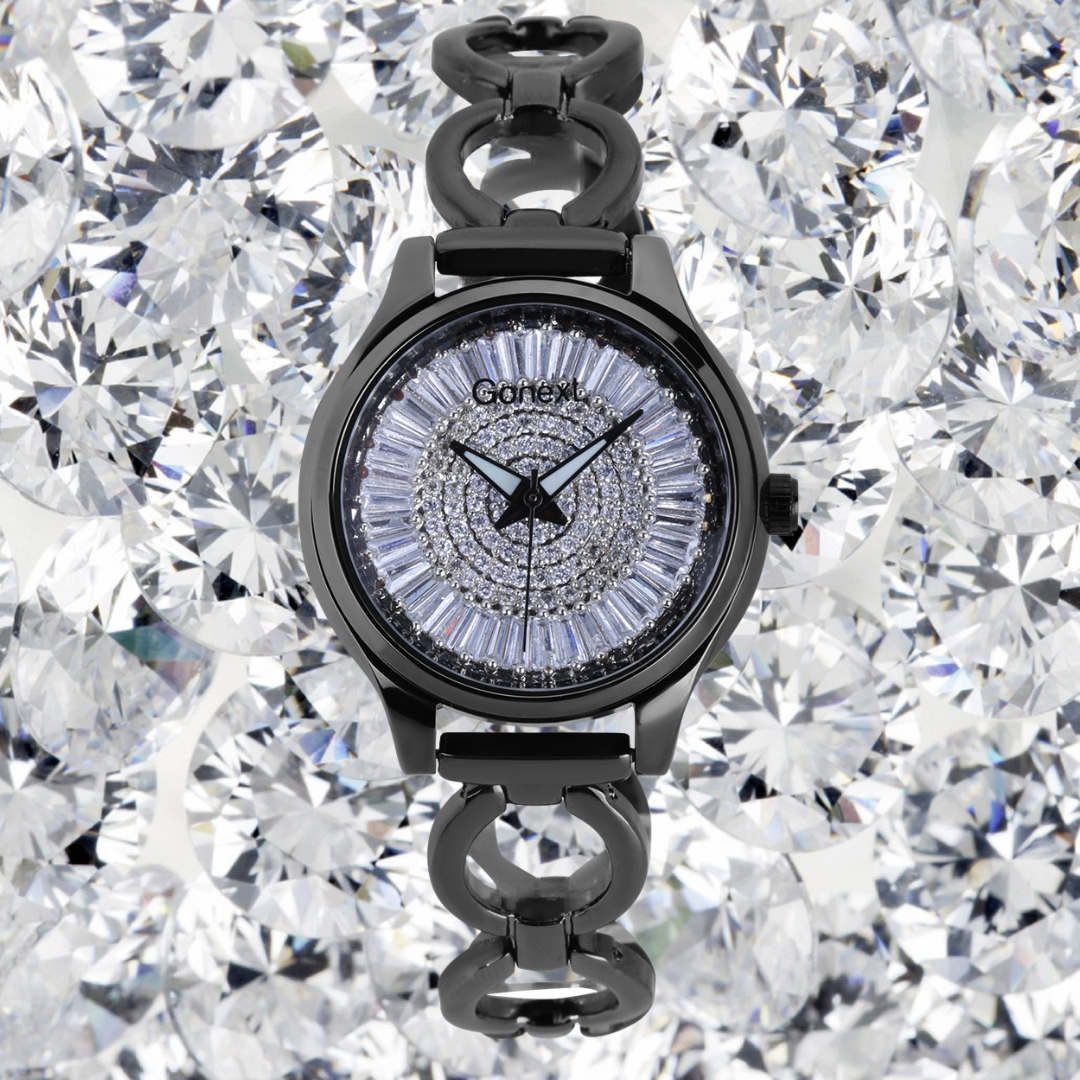 Shimmering all over Swarovski dial with rose black bangle and luminous hands