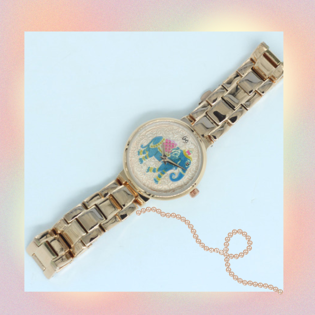 Traditional yet modern hand painted elephant dial watch rose gold chain