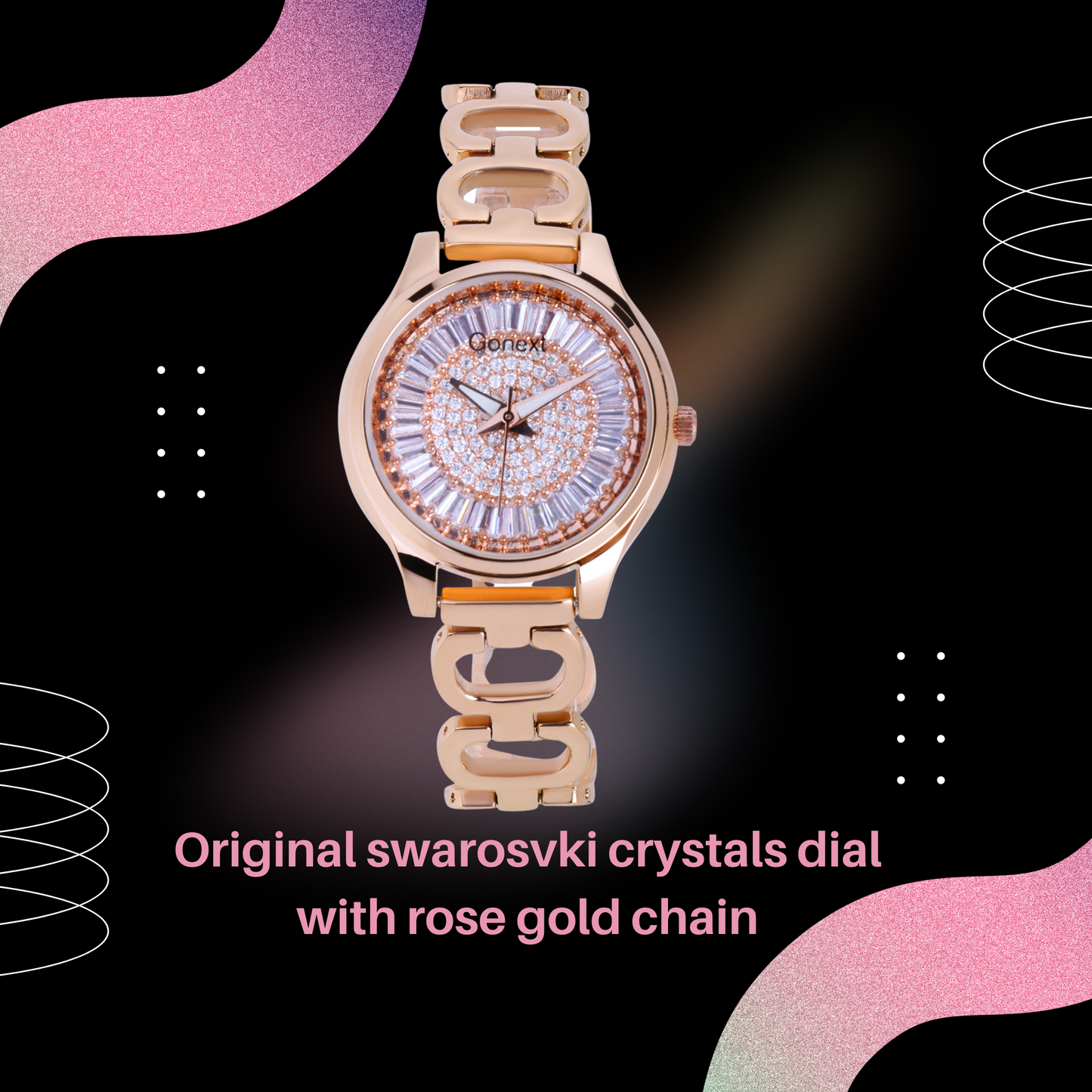 Shimmering all over Swarovski dial with rose gold bangle and luminous hands.